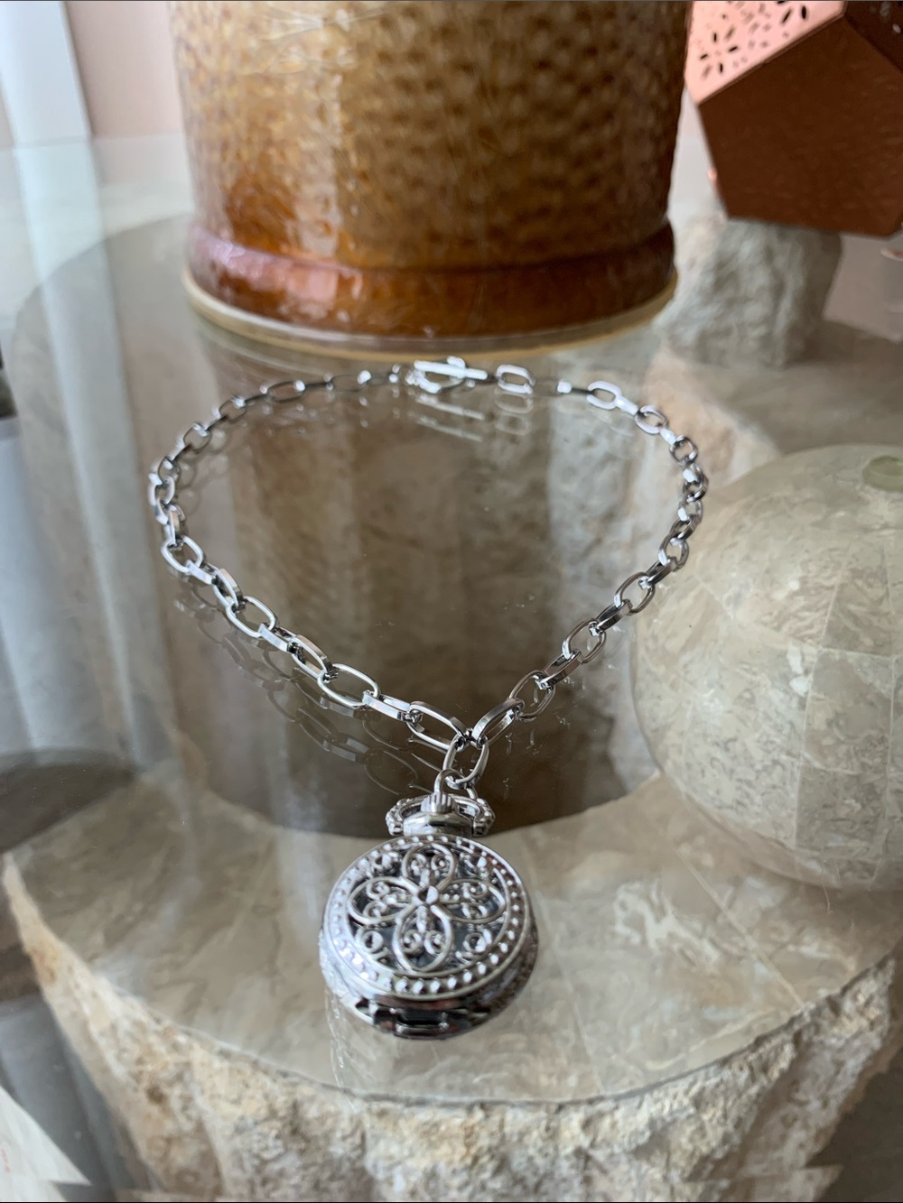 Silver Filigree Locket Watch Necklace